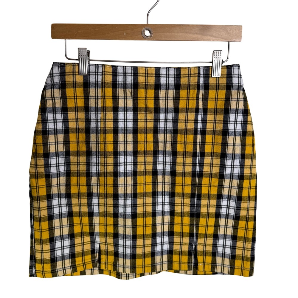 Hollister Women Yellow Plaid Mini Skirt High Waisted Tartan Slit Pocket Size M